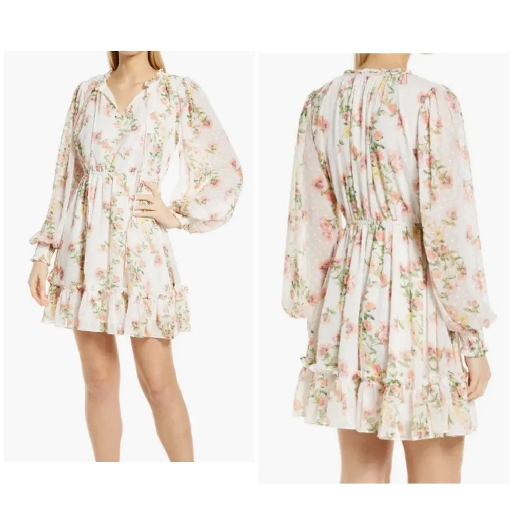 Rachel Parcell Women’s Floral Print Swiss Dot Dress Sz S with Ruffle Hem - Picture 1 of 7